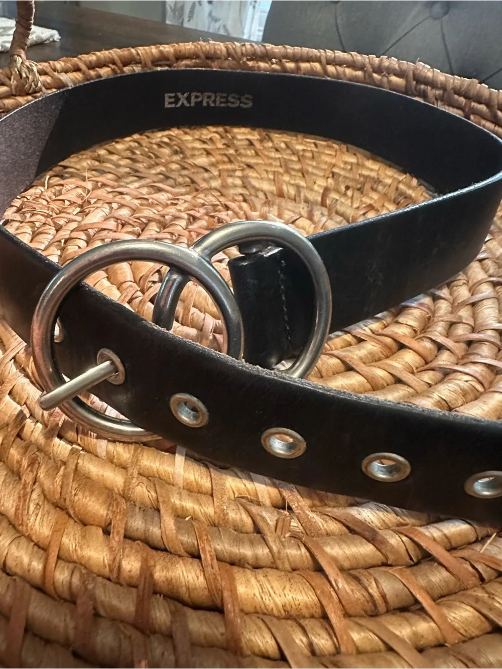 Express Black Leather Women's Belt with Double Silver Rings Size S